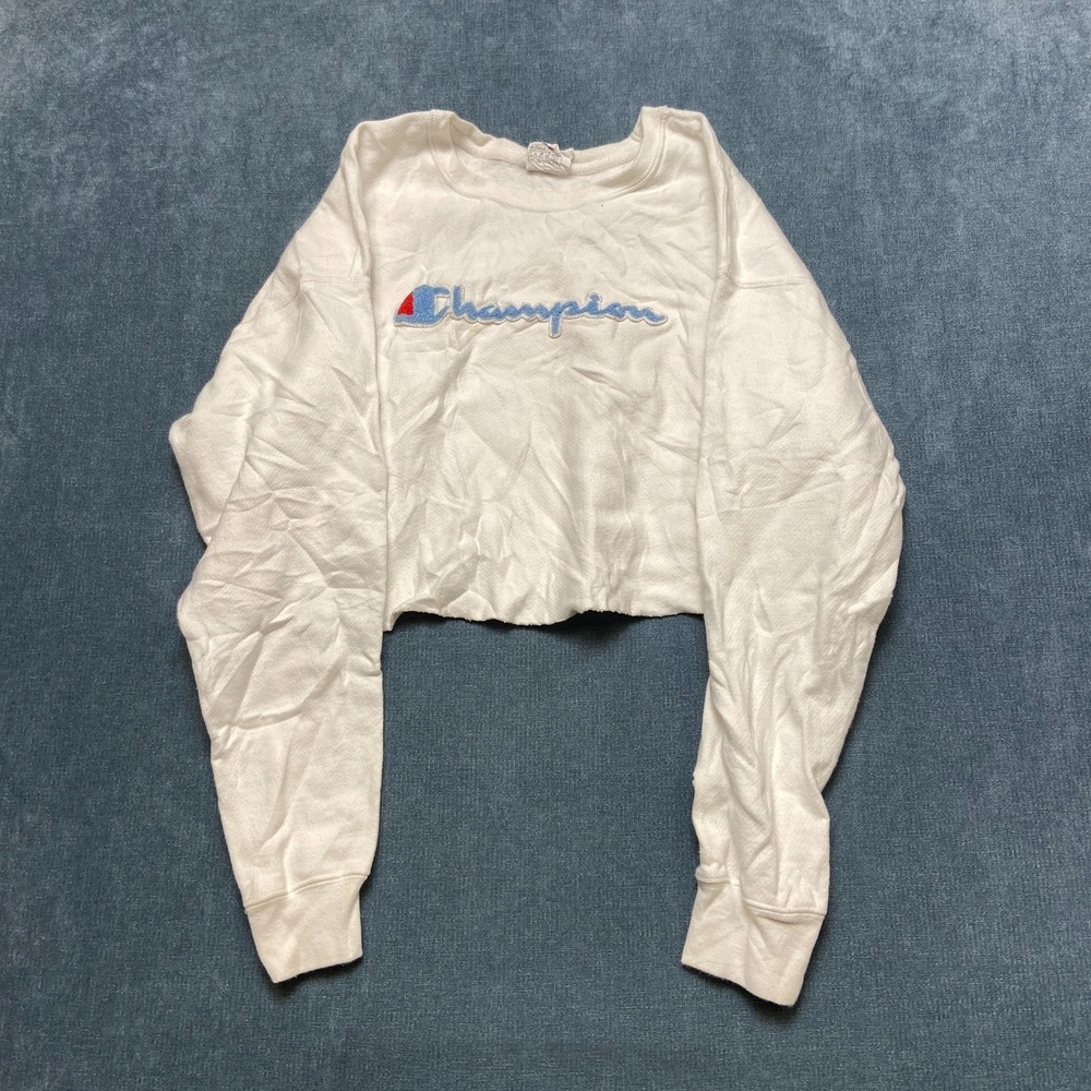 VTG Champion Reverse Weave Cropped Sweatshirt Womens Large White Script Logo